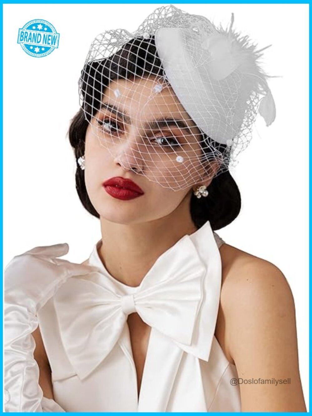 White Tea Party Fascinator Hat with Veil Feather Headpiece Derby Pillbox for